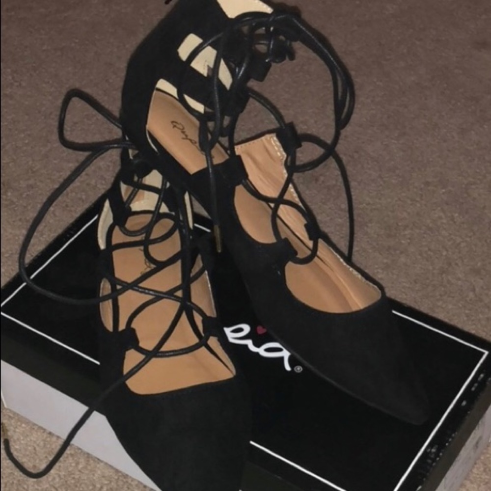 Black lace up ballet flats